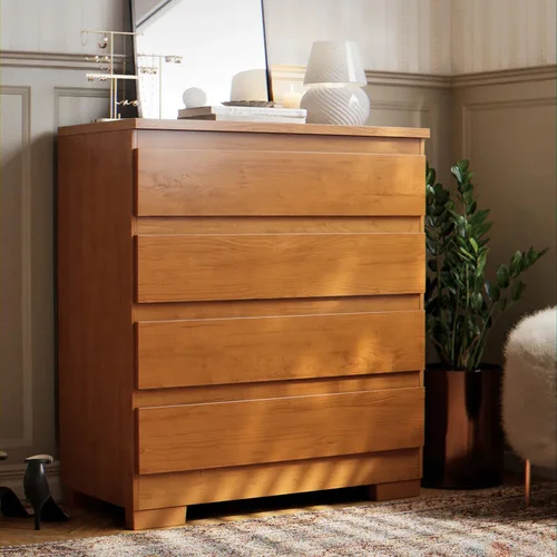 Cômoda 4 Gavetas Para Quarto Casal Imperial Multiuso Organizadora Roupas Com Corrediças Telescópicas Cor Canela