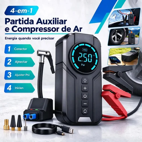 Compressor de Ar Portátil Digital 4 em 1 com Partida Auxiliar e Lanterna LED