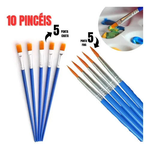 Conjunto 10 Pincéis Para Artesanato Ponta Fina E Chata Laranja