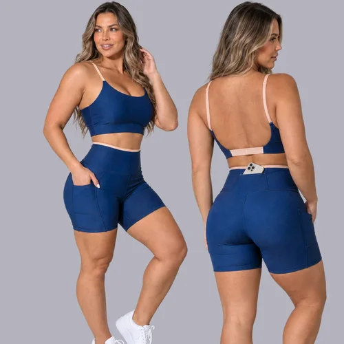 Conjunto Academia Fitness Top E Short Kit Zero Transparência Azul/areia Liso G 40/42