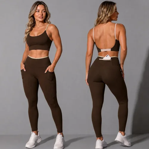 Conjunto Academia Top Calça Legging Fitness Roupa Kit Bolso Marrom/areia Liso M 38/40