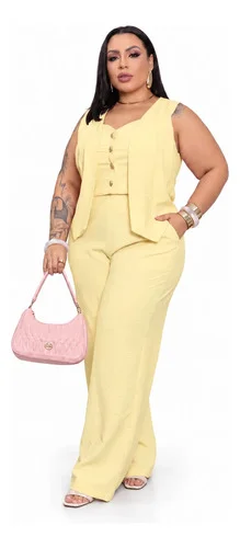Conjunto Alfaiataria Plus Size Calça Pantalona Colete Bolsos