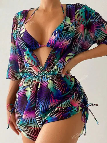 Conjunto Biquíni Feminino Com Saída De Praia Florido