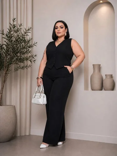 Conjunto Colete Calça Alfaiataria Social Pantalona Plus Size