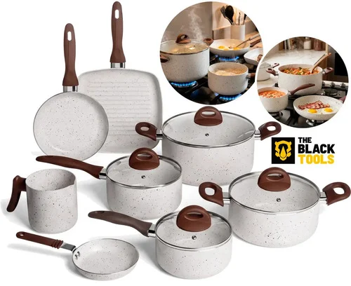 Conjunto De Panelas 8 Peças Cerâmico Antiaderente Bell'aroma Onice Com Tampa De Vidro - The Black Tools