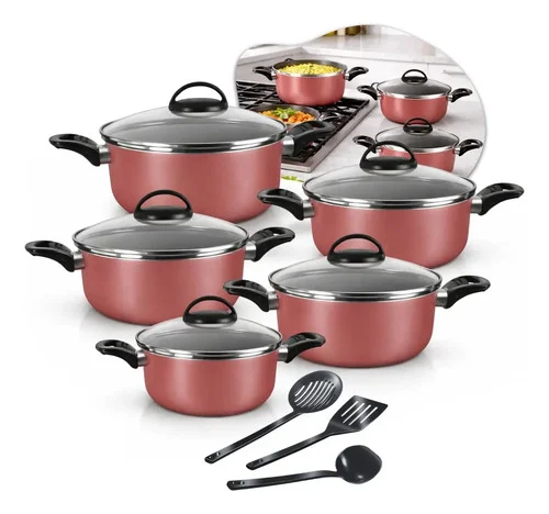 Conjunto De Panelas Caçarolas 5 Peças Antiaderente Com 3 Utensilios E Tampa De Vidro Rosé