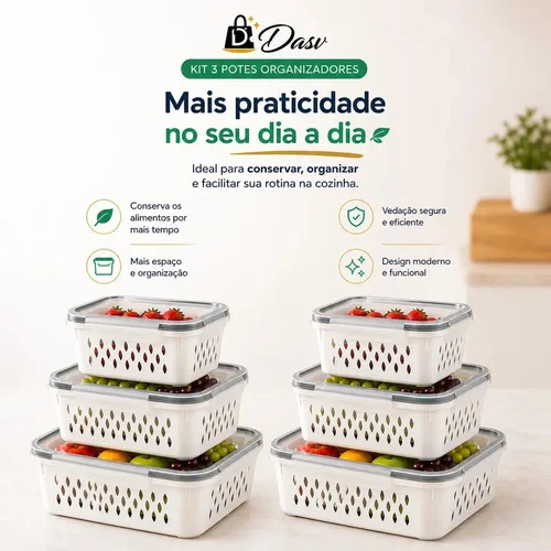 Conjunto Kit 6 Organizadores Geladeira Transparente Hermético Escorredor Cesto Frutas Alimentos Verduras Legumes Dasv