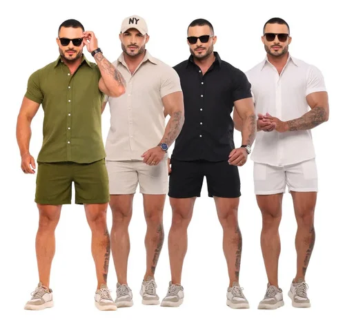 Conjunto Masculino Linho Camisa Shorts Mauricinho Com Bolso