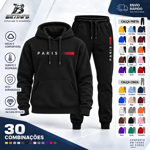 Conjunto Moletom Unissex Paris Canguru Com Capuz Calça G Preto