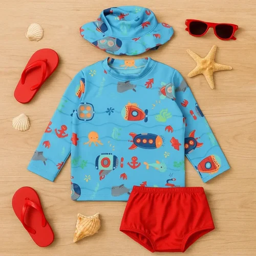 Conjunto Praia Bebê Com Proteção Uv Menino 3 Peças Azul/vermelho Submarino 9-12 M