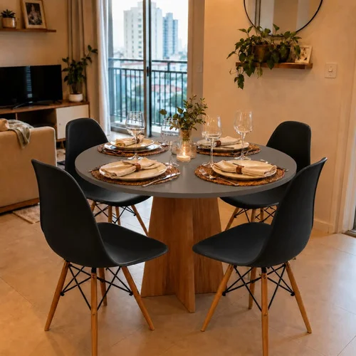 Conjunto Sala Jantar Mesa Circular Mdf Com 4 Cadeiras Eiffel Preto Liso