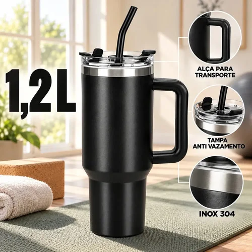 Copo Térmico Caneca Garrafa 1,2L 1200ml Inox Com Alça Tampa Anti-vazamento Canudo Inox Parede Dupla Quente Fria Carro Academia Viagem Sólar