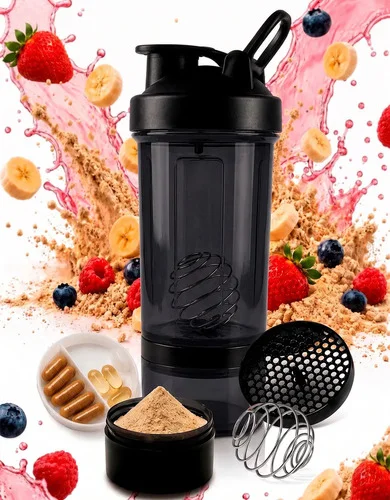 Coqueteleira Shaker Academia Compartimento 600ml Creatina Shaikeira Suplementos Whey Cápsulas Comprimidos Fit Home Safe Home