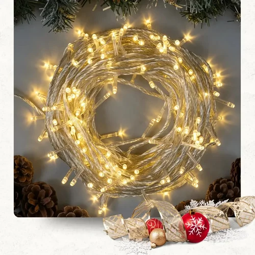 Cordão 100 Led 10m 8 Função Luz Pisca Decoração Arvore Natal Branco Quente 127v Fio Transparente