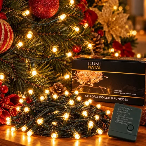 Cordão Pisca Pisca Lph 10 Metros 100 Leds Fio Verde Escuro 8 Funções Cordão de Luzes Para Árvore de Natal Luz Decoração Interna Sala Quarto Mesa de Jantar Natalina Cor Das Luzes Branco Quente 110