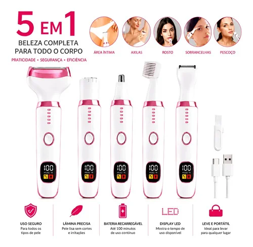Depilador Aparador De Pelos Feminino 5 Em 1 Eletrico Usb Led Branco 127/220v