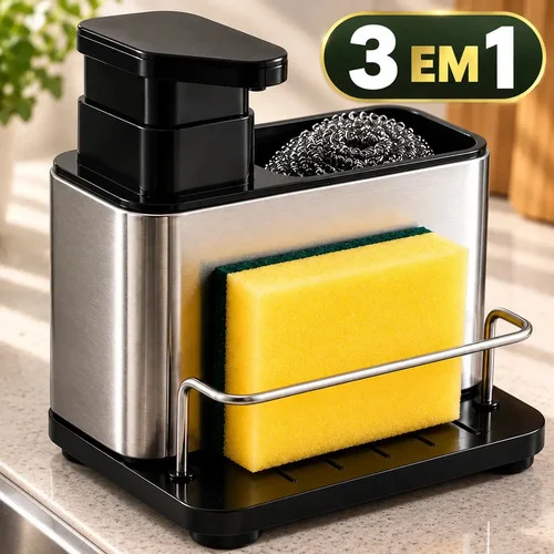 Dispenser Detergente 3 em 1 com Porta Esponja Organizador de Pia em Aço Inox para Cozinha Sabão Líquido e Utensílios
