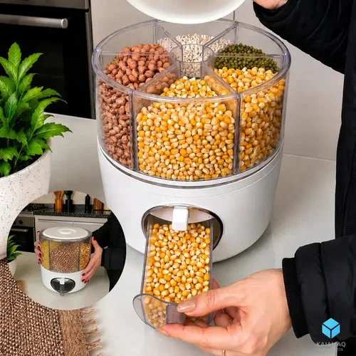 Dispenser Giratorio De Graos E Alimentos Com 6 Divisorias 5kg Rotativo 360 Organizador Porta Mantimentos Para Cozinha Arroz Feijao Cereais Grao Seco Reservatorio Compartimentos Cor Cinza