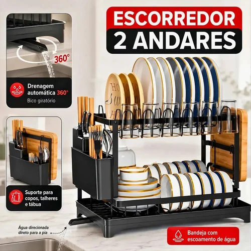 Escorredor Organizador de Louça Inoxidável de 2 Andares Porta Copos e Porta Talheres e Porta Pratos e Tigelas com Drenagem Automática 360° e Bandeja Grande para Bancada e Pia VYROX