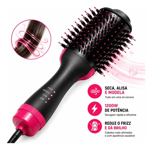 Escova Secadora Profissional 1200w 3 Em 1 Alisa Modela Seca Preto 127v