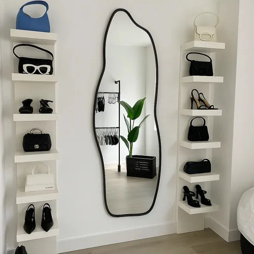 Espelho Orgânico Decorativo para Corpo Inteiro com Moldura de Couro Preto 100x50 cm