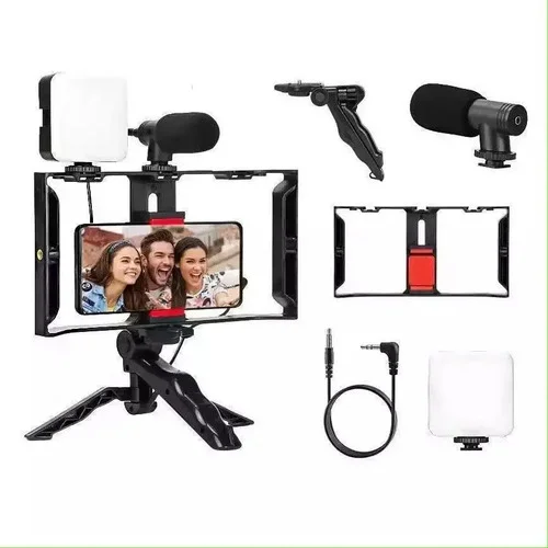 Estabilizador Celular Luz Led Mini Tripé Portátil Vlog Kit 5 Preto