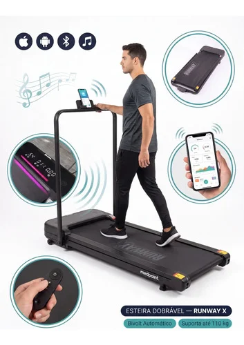 Esteira Elétrica Caminhada Bluetooth Dobrável Bivolt Som Led Preto Bivolt 110/220v