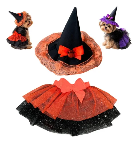 Fantasia Pet Bruxinha Chapéu E Saia  Halloween Gato Cachorro