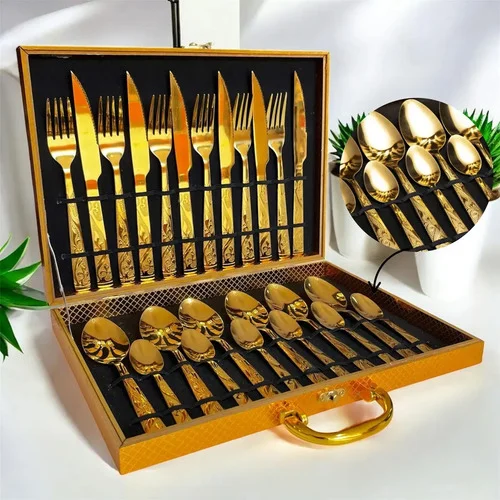 Faqueiro Dourado Luxo Jogo Talheres Inox 24pçs + Maleta Dourado