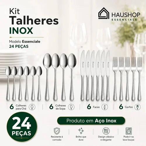 Faqueiro Inox 24 Peças Essenciale Haushop Jogo De Talheres Conjunto Mesa Posta Premium Resistente