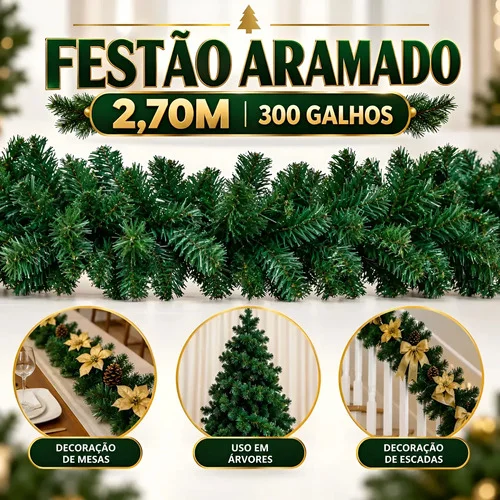 Festão Aramado Luxo 2,70m Decoração Natal Verde 300 Galhos Verde Festão
