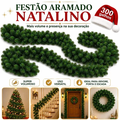 Festão Aramado Natal Grosso 2,70 Metros C/ 300 Galhos Cheios Flexível Decoração de Natal Natalina Luxo