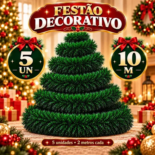 Festão Arvore de Natal Cheio Grosso Flexível Decoração De Natal 10 Metros Verde Varal Natalino 5 Peças 2m x 9cm - Petite Flô