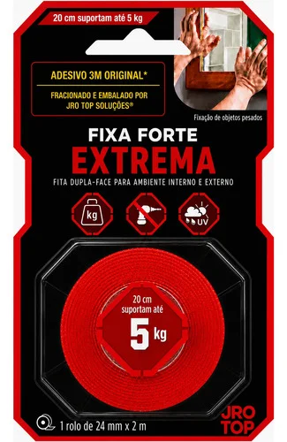 Fita Dupla Face Jro 3m Fixa Forte Uso Geral Banheiro Extrema Vermelho 2mts X 24mm Extrema Cinza Ou Branca