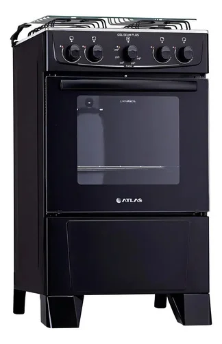 Fogão 4 Bocas Atlas Coliseum Plus Preto A Gás com Mesa de Inox e Forno de 50 Litros Acendimento Manual