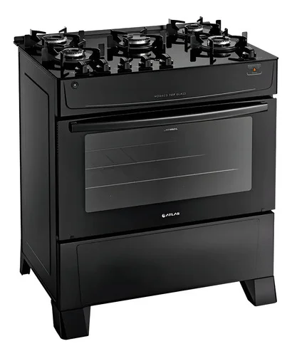 Fogão Atlas 5 Bocas preto Mônaco Top Glass com Acendimento automático