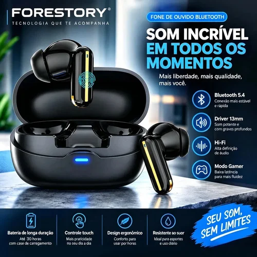 Fone Bluetooth Sem Fio TWS Bluetooth 5.4 LX15 In Ear Touch Hi-Fi Drivers 13mm Grave Potente Microfone HD Baixa Latência Compatível Android iPhone Tela De Toque FORESTORY Preto