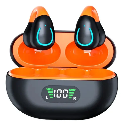 Fone de Ouvido Bluetooth 5.3 Clip-ear TWS com Condução Óssea e Cancelamento de Ruído Laranja