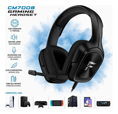 Fone De Ouvido Fio Headset Gamer Olafvi CM7008 Profissional Driver 50mm Som Imersivo Com Microfone P2 Para PC PS4 PS5 Xbox Switch Preto