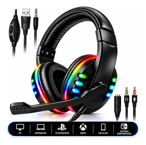 Fone De Ouvido Gamer Headset RGB Led Com Microfone Headphone P2 P/ PC PS3 PS4 PS5 Xbox Celular Notebook Surround 5.1 Com Adaptador Landara