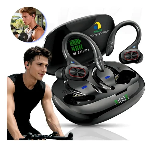Fone de Ouvido JSKJ RE-S730-3 Sem Fio Esportivo TWS Bluetooth 5.4 Com Gancho Para Academia e Corrida Preto