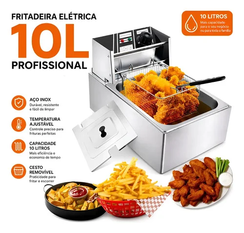 Fritadeira Elétrica 10l Inox Tacho Fritura Óleo Profissional Aço Inoxidável 127v 1500w