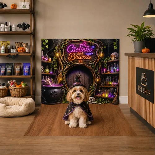 Fundo Fotográfico Pet Shop Halloween Decoração Pet Painel de Fotos Cachorro e Gato Cenário Fotográfico Em Tecido Sublimado Tamanho 1,20x1,70m