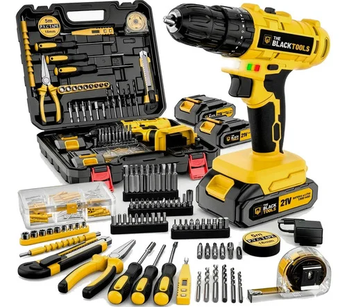 Furadeira Parafusadeira de Impacto The Black Tools TBKIT20 Bivolt 2 Baterias Kit 134 Peças