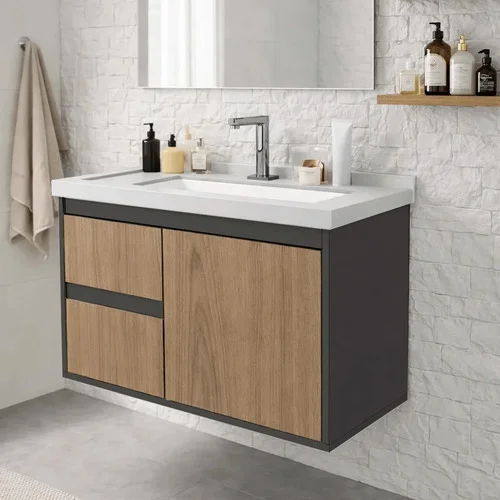 Gabinete Armario Banheiro 100% Mdf - Strato 60cm Preto Branco Um Furo