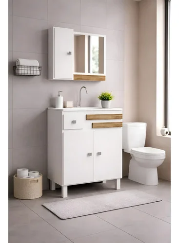 Gabinete Banheiro 60cm Completo Com Cuba E Espelho Monaco Cartagena Branco