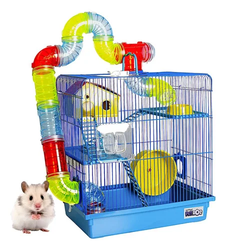Gaiola De Hamster C/ Casa Grande Completa 3 Andares Tubo Azul