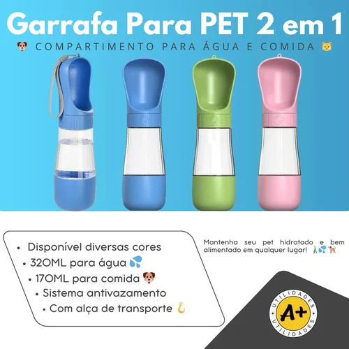 Garrafa Bebedouro Comedouro Pet Portátil 2 Em 1 Água E Ração Cor Rosa - A+ Utilidades
