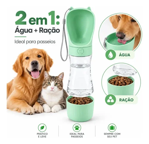 Garrafa Bebedouro Comedouro Pet Portátil 2 Em 1 Água E Ração Cor Verde - A+ Utilidades
