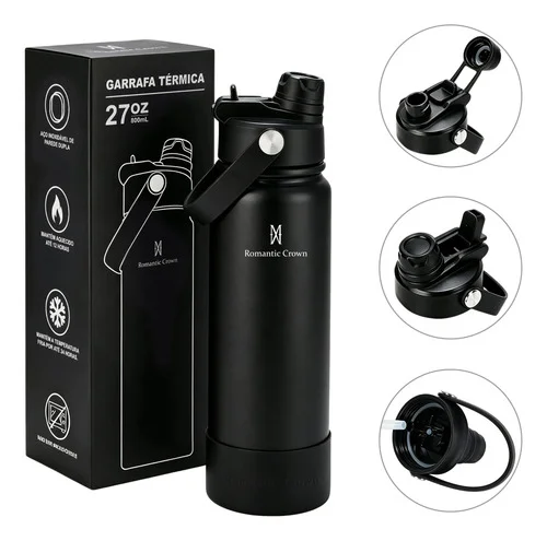 Garrafa Térmica 800ml Inox Bico Duplo Canudo Alça Esporte Preto
